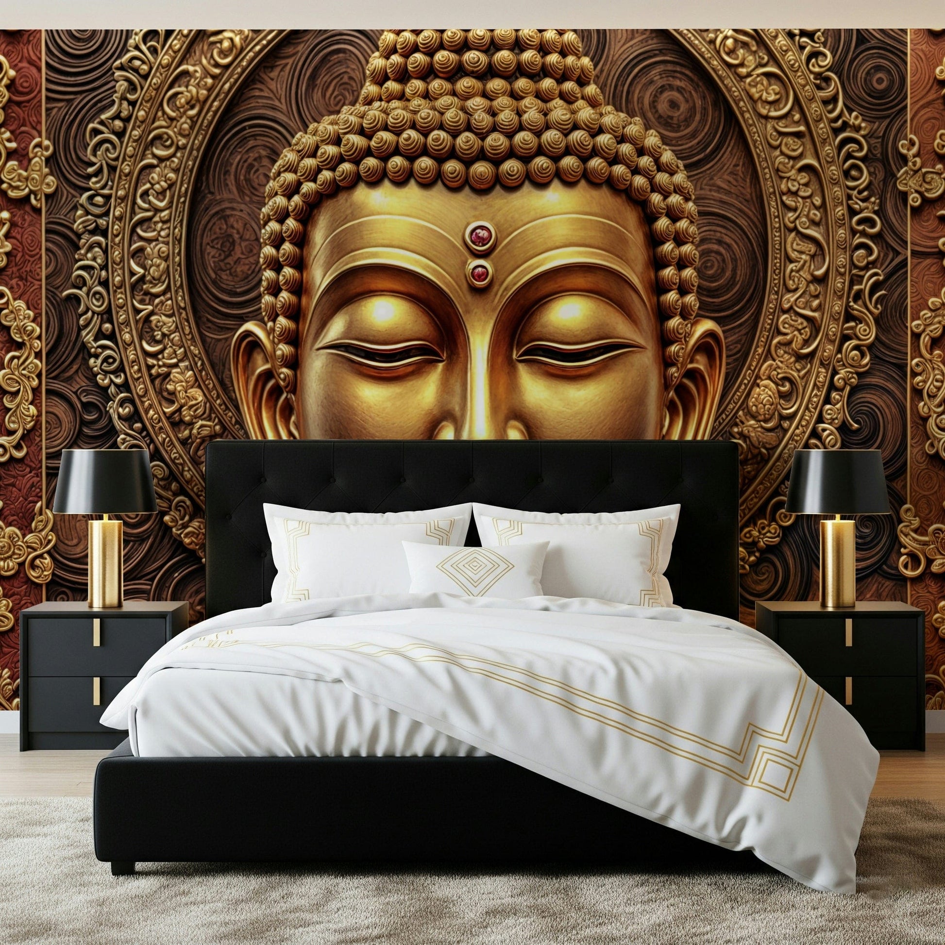 Golden Buddha mural for feature wall, calm expression, gold tones in living room