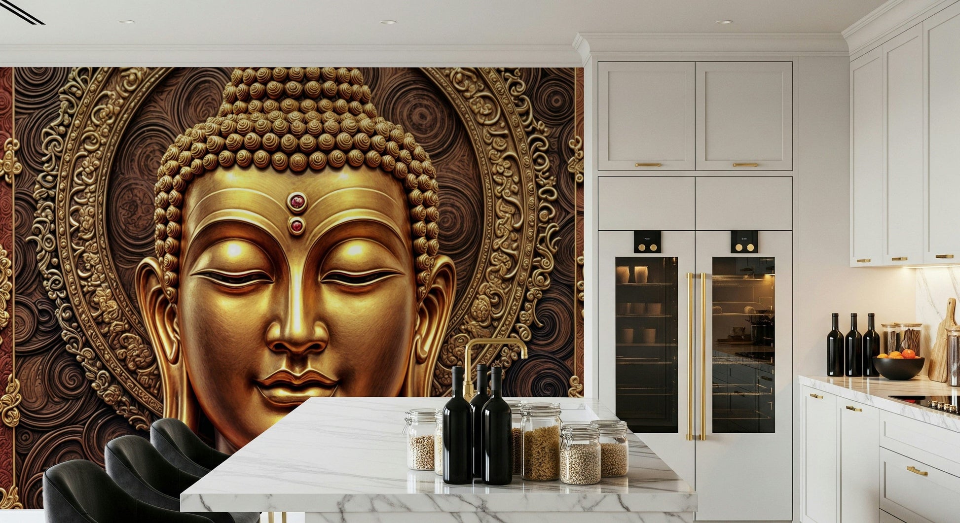 Buddha face mural in yoga studio room, neutral palette, modern wall decor