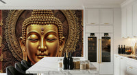 Buddha face mural in yoga studio room, neutral palette, modern wall decor