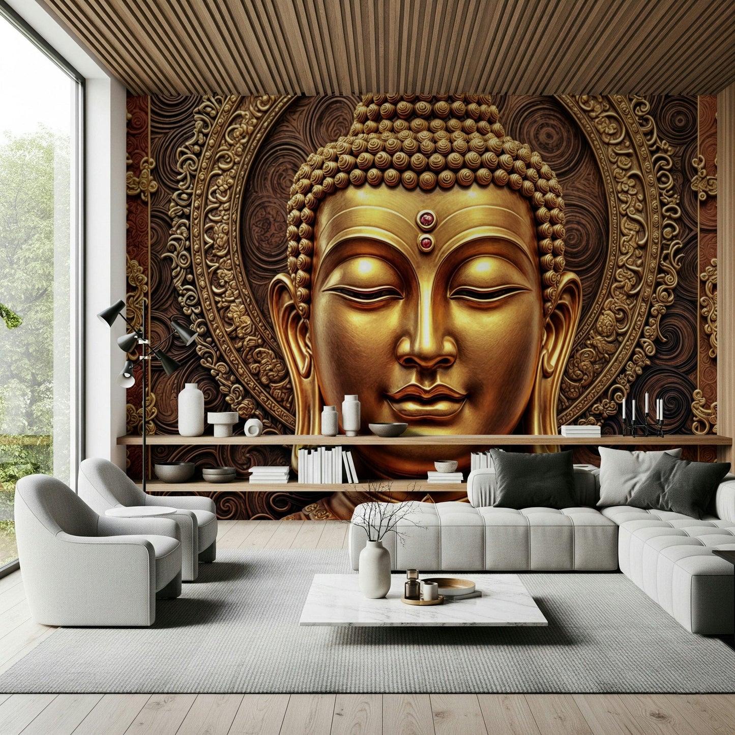 Buddha wall mural in reading nook, modern apartment wall decor, subtle shimmer
