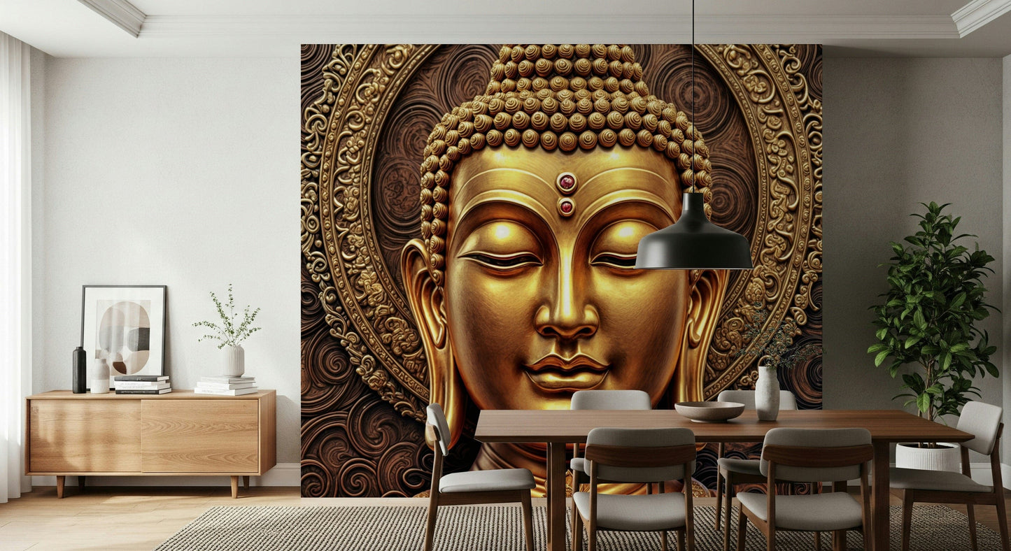 Serene Buddha face wall mural in bedroom, soft lighting, modern wall decor