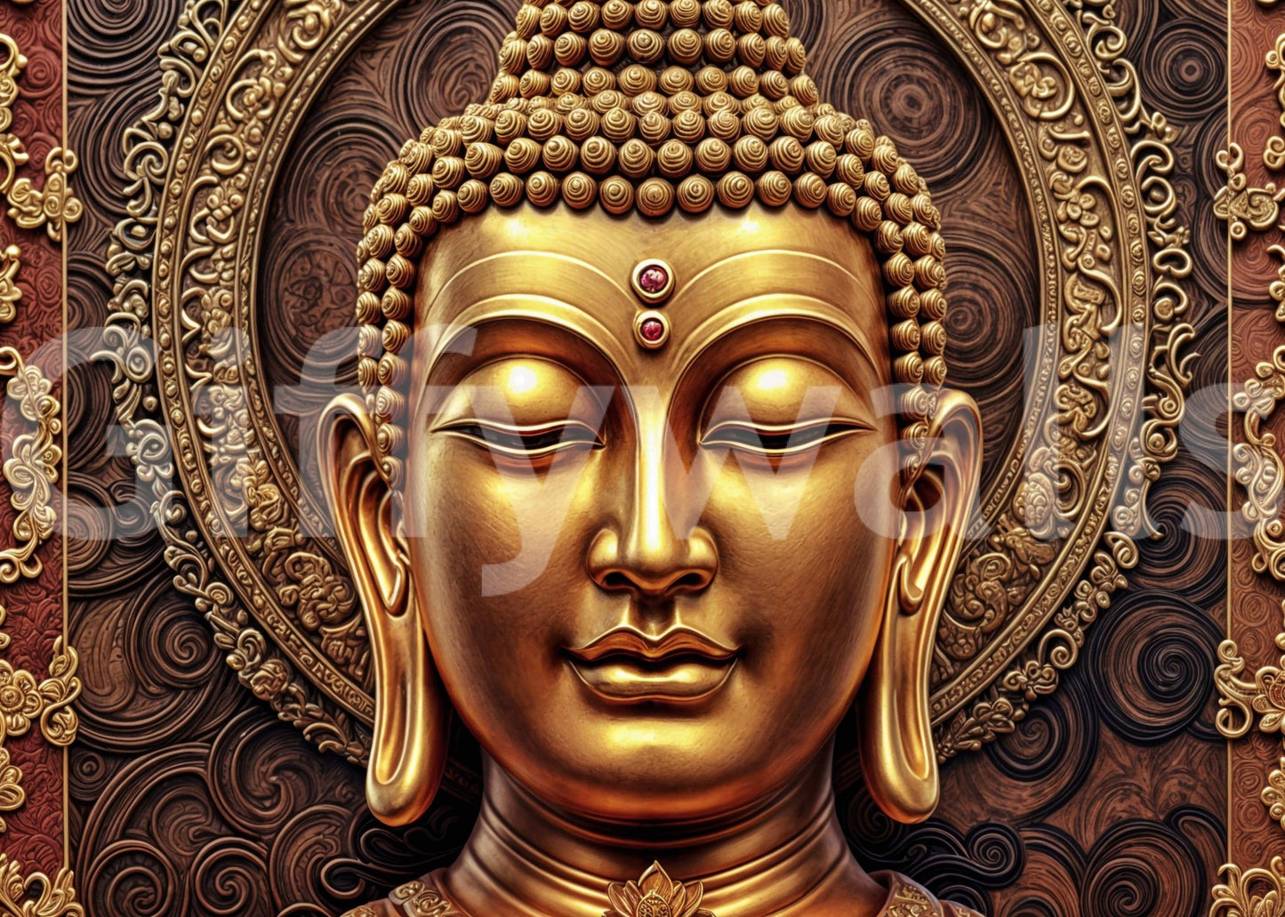 Golden Buddha's Gaze Wall Mural in dining space, warm gold accents, clean style