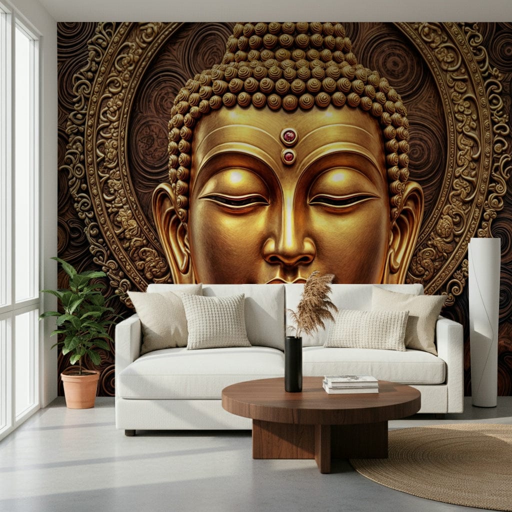 Golden Buddha mural above bed, relaxing bedroom look, warm gold and cream tones