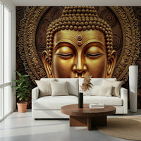 Golden Buddha mural above bed, relaxing bedroom look, warm gold and cream tones