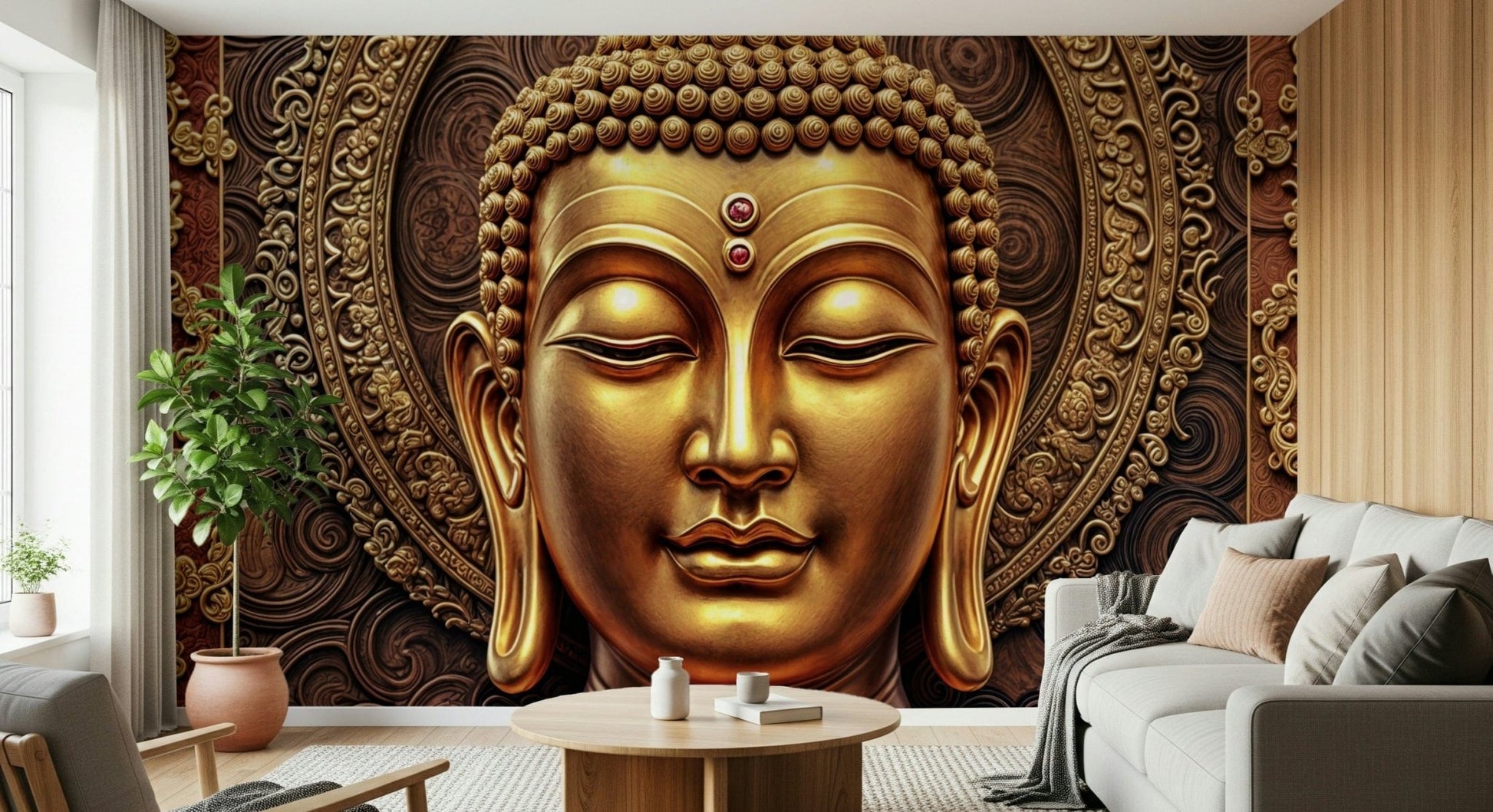 Buddha face wall mural in hallway, modern decor, gold highlights, matte finish