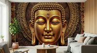Buddha face wall mural in hallway, modern decor, gold highlights, matte finish
