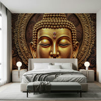 Close-up golden Buddha mural for meditation corner, warm neutral color scheme
