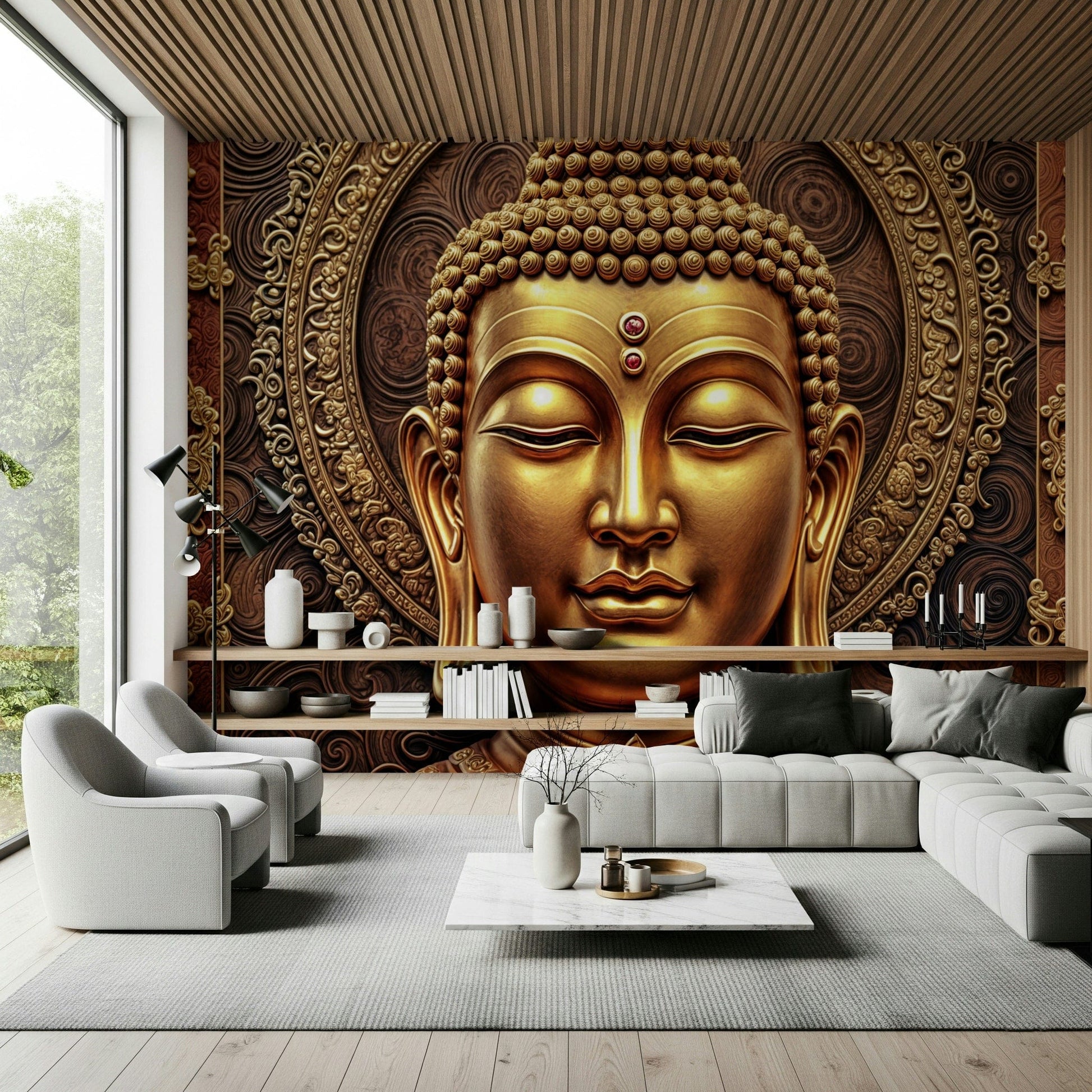Buddha wall mural in reading nook, modern apartment wall decor, subtle shimmer