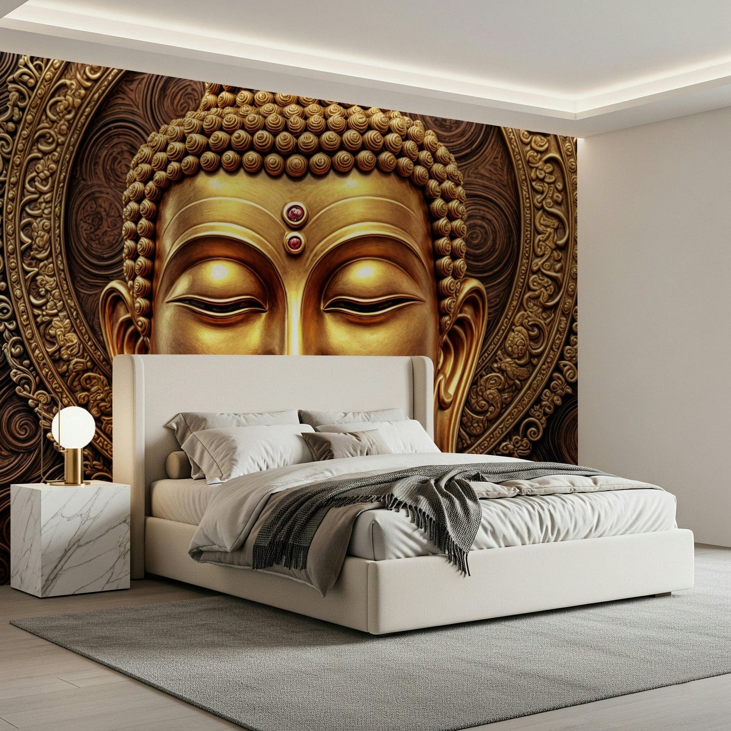 Buddha portrait mural in home office, minimalist style, gold and beige walls