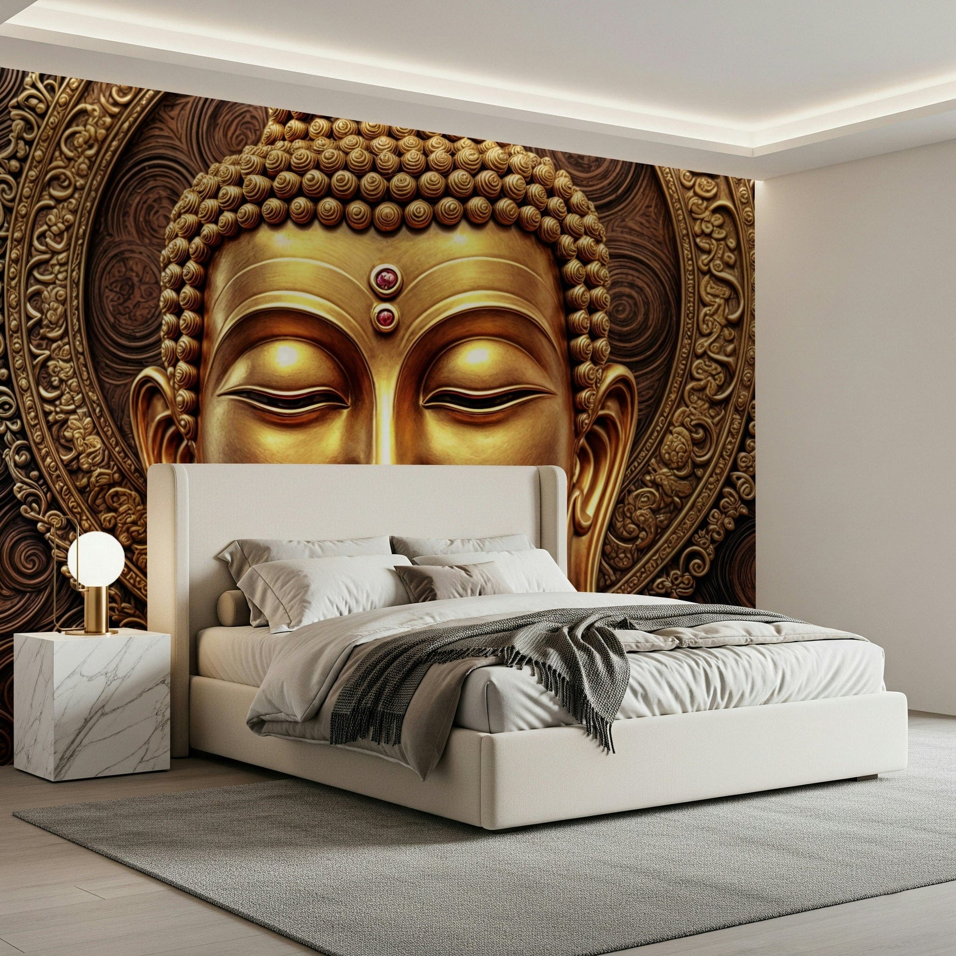 Buddha portrait mural in home office, minimalist style, gold and beige walls
