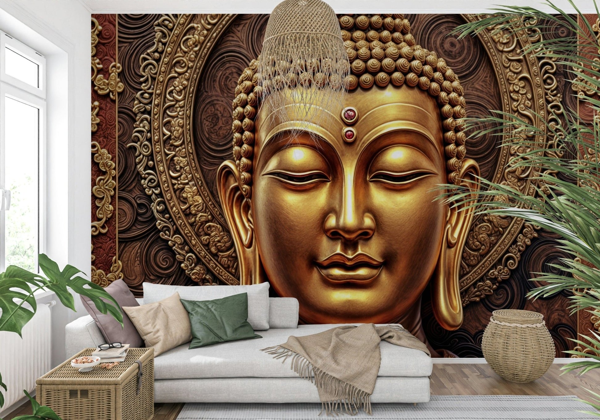 Golden Buddha's Gaze Wall Mural behind sofa, calm gold palette, apartment décor