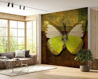 Earthy gold and lime butterfly wallpaper mural antique aged appearance.