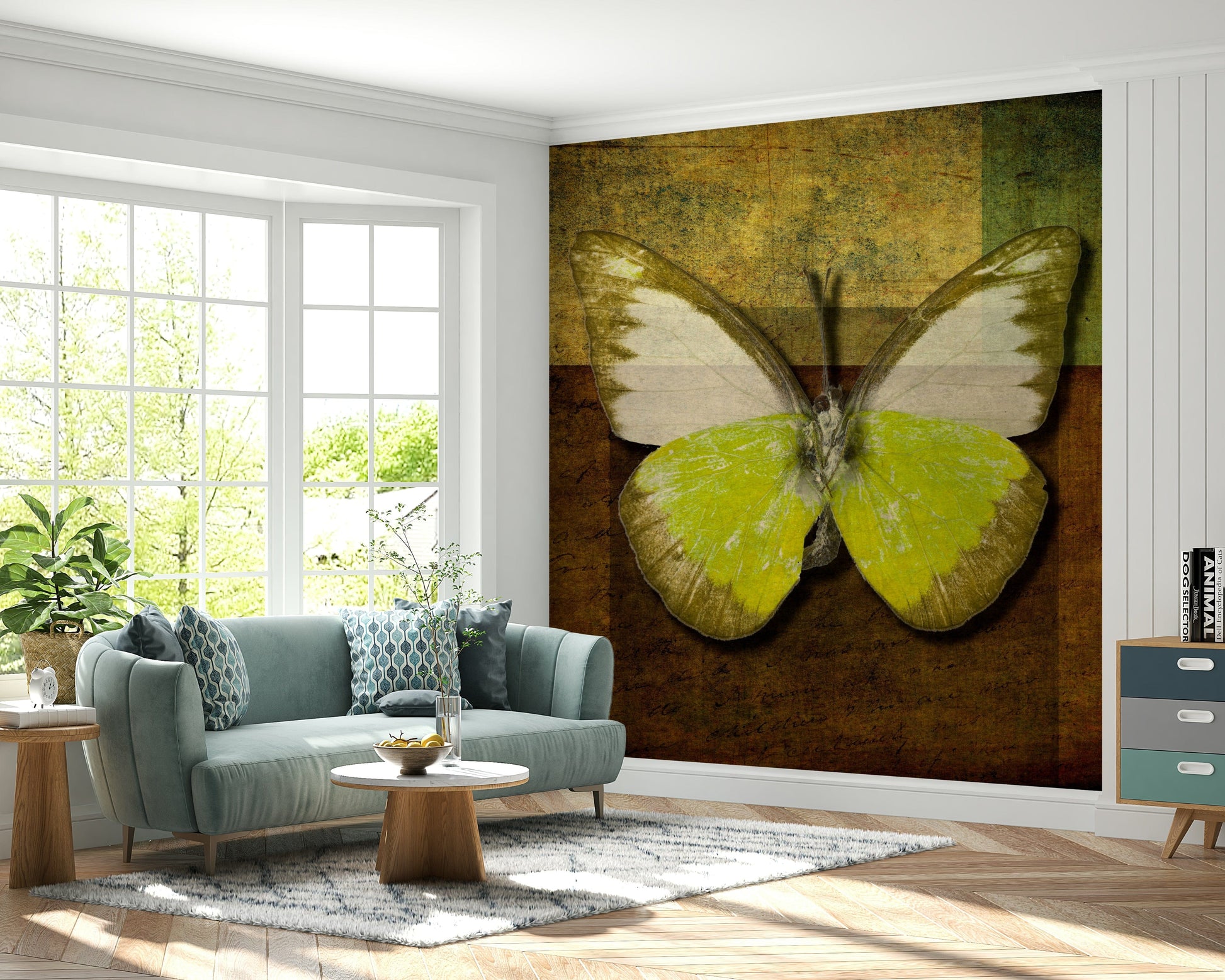 Shimmering Wall Mural Butterfly bold chartreuse color texture background.
