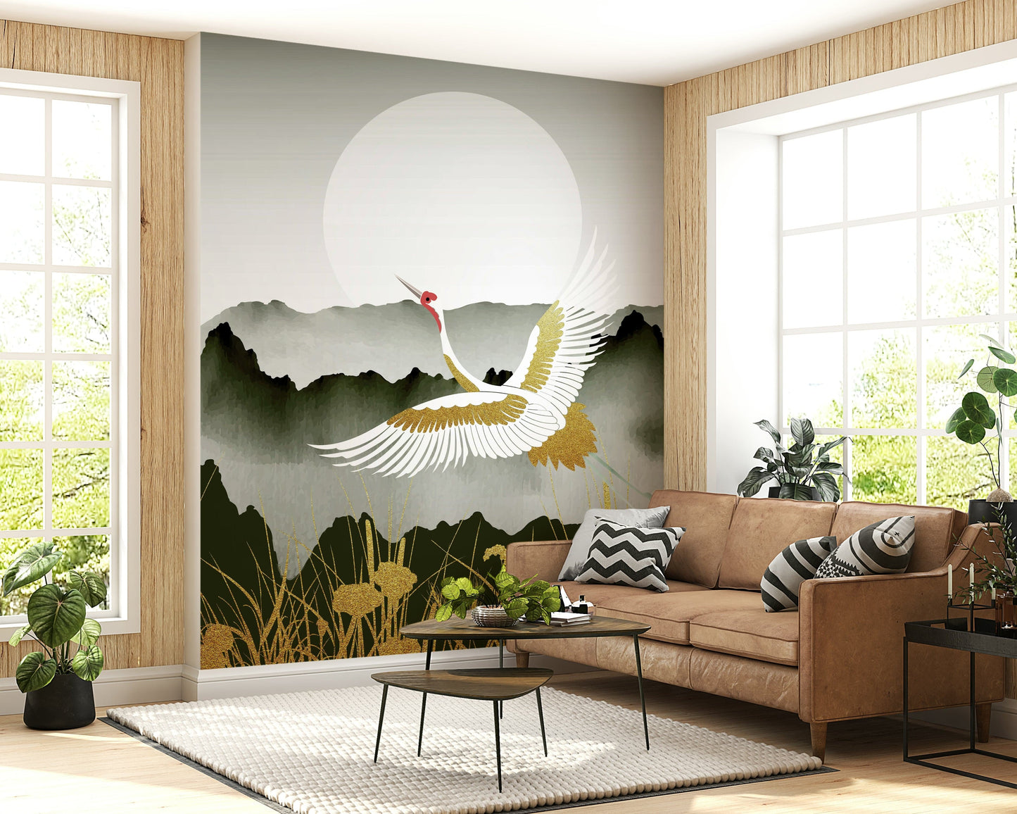 Crane’s Golden Dawn Wall Mural in bedroom, soft gold color wash and calm décor