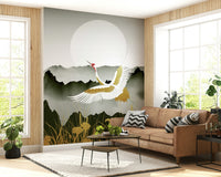 Crane’s Golden Dawn Wall Mural in bedroom, soft gold color wash and calm décor