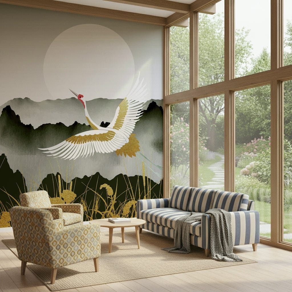 Reading nook wall mural with crane bird scene, golden dawn color gradient