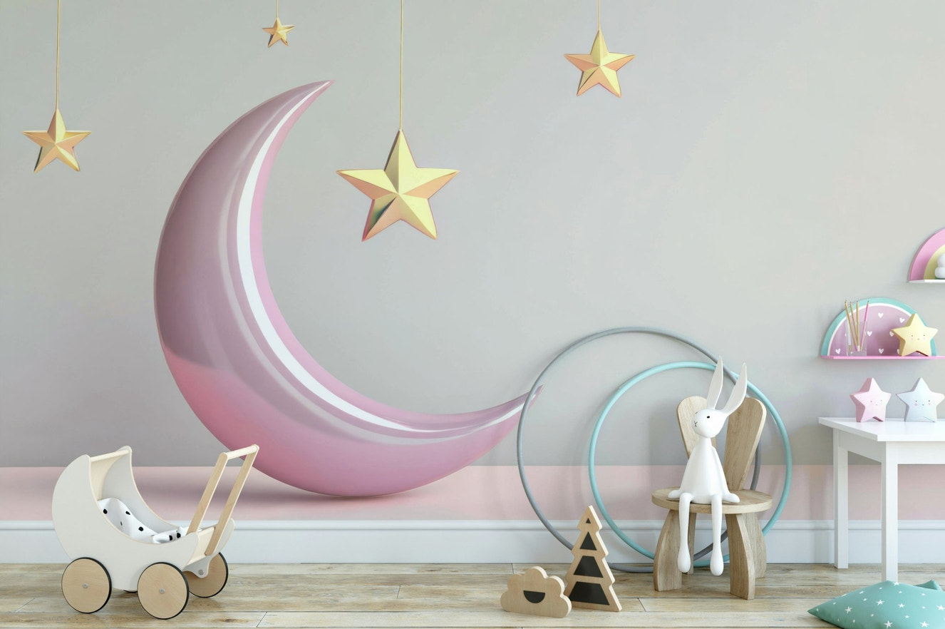 Pink crescent moon with gold star wallpaper mural

