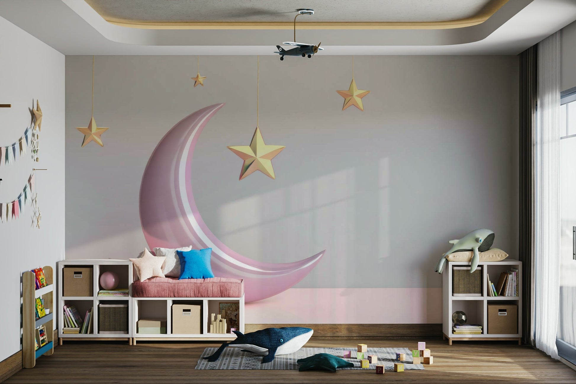 Wallpaper for walls featuring pink moon and stars


