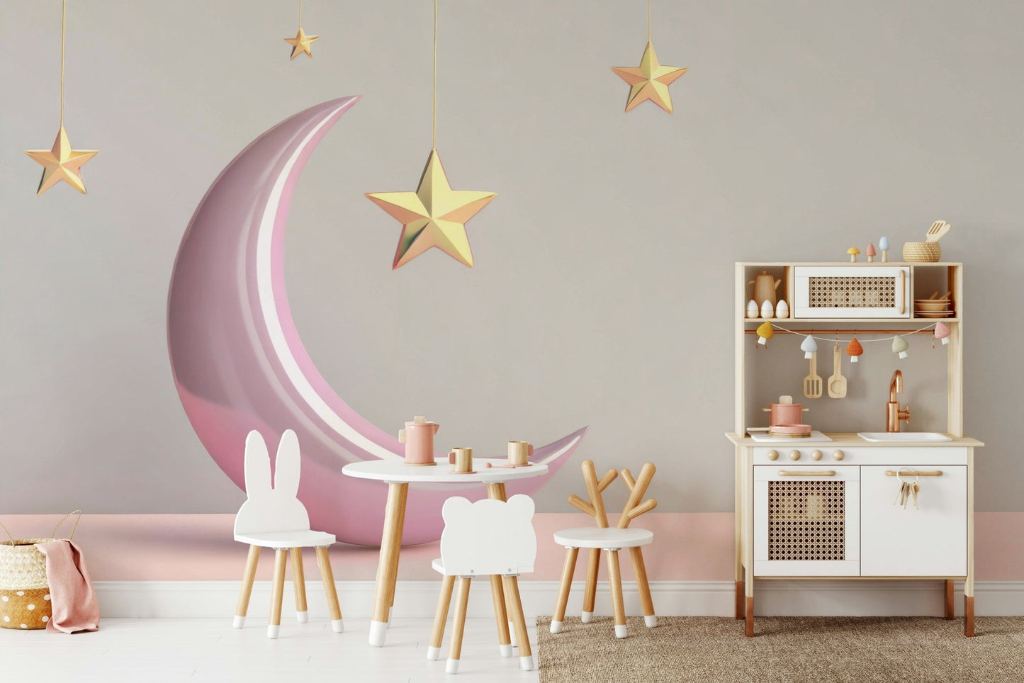 Non‑woven mural showing moon and scattered stars

