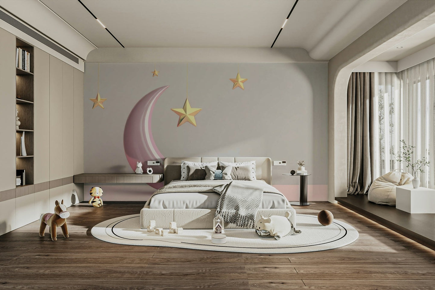 Subtle dreamy celestial mural with pink moon motif

