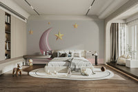 Subtle dreamy celestial mural with pink moon motif

