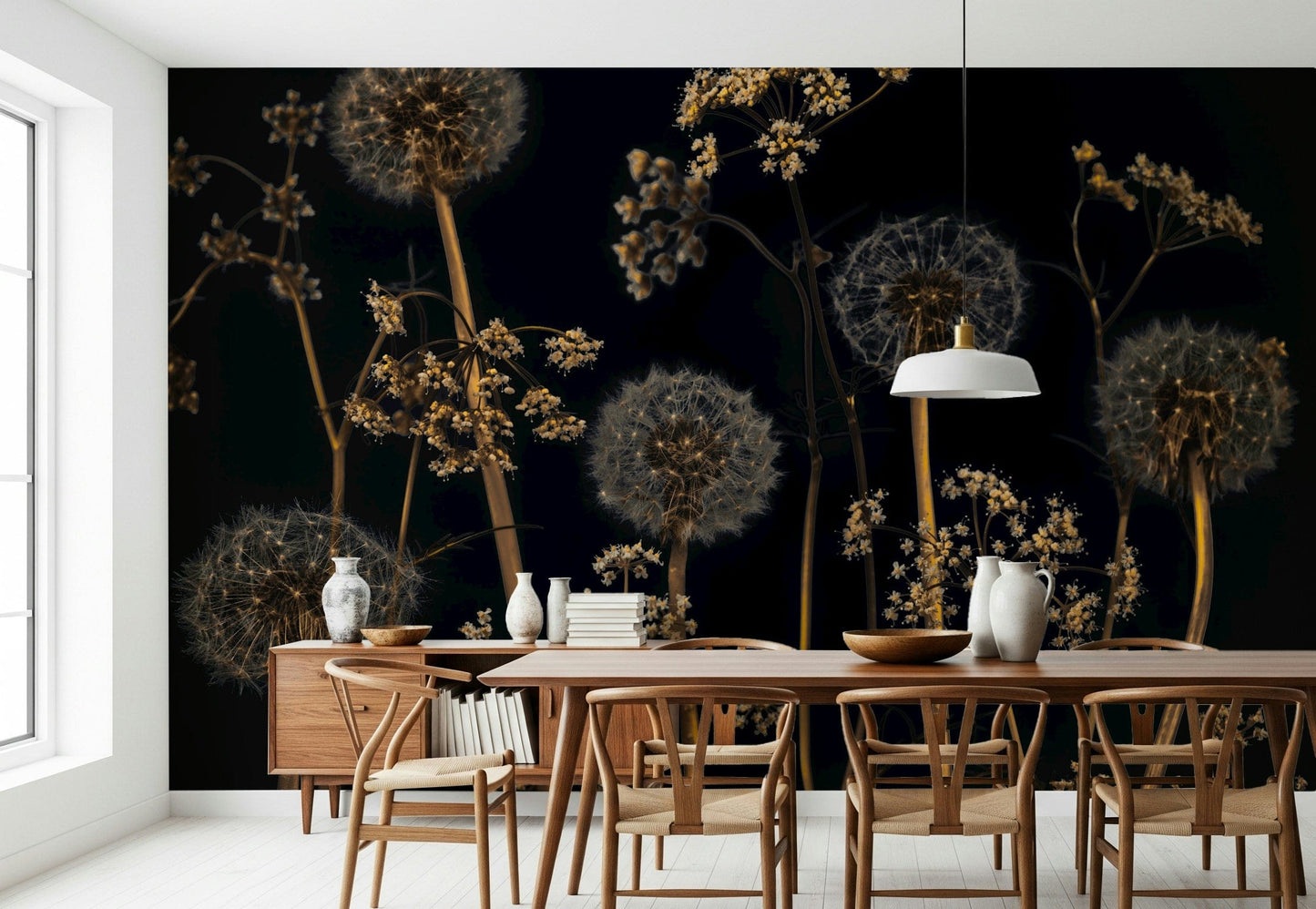Dark botanical wallpaper showcasing delicate dried flowers and textured dandelion forms.