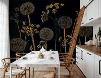 Decorative floral wallpaper featuring wild blooms and dandelion clusters in a soft, ethereal style.