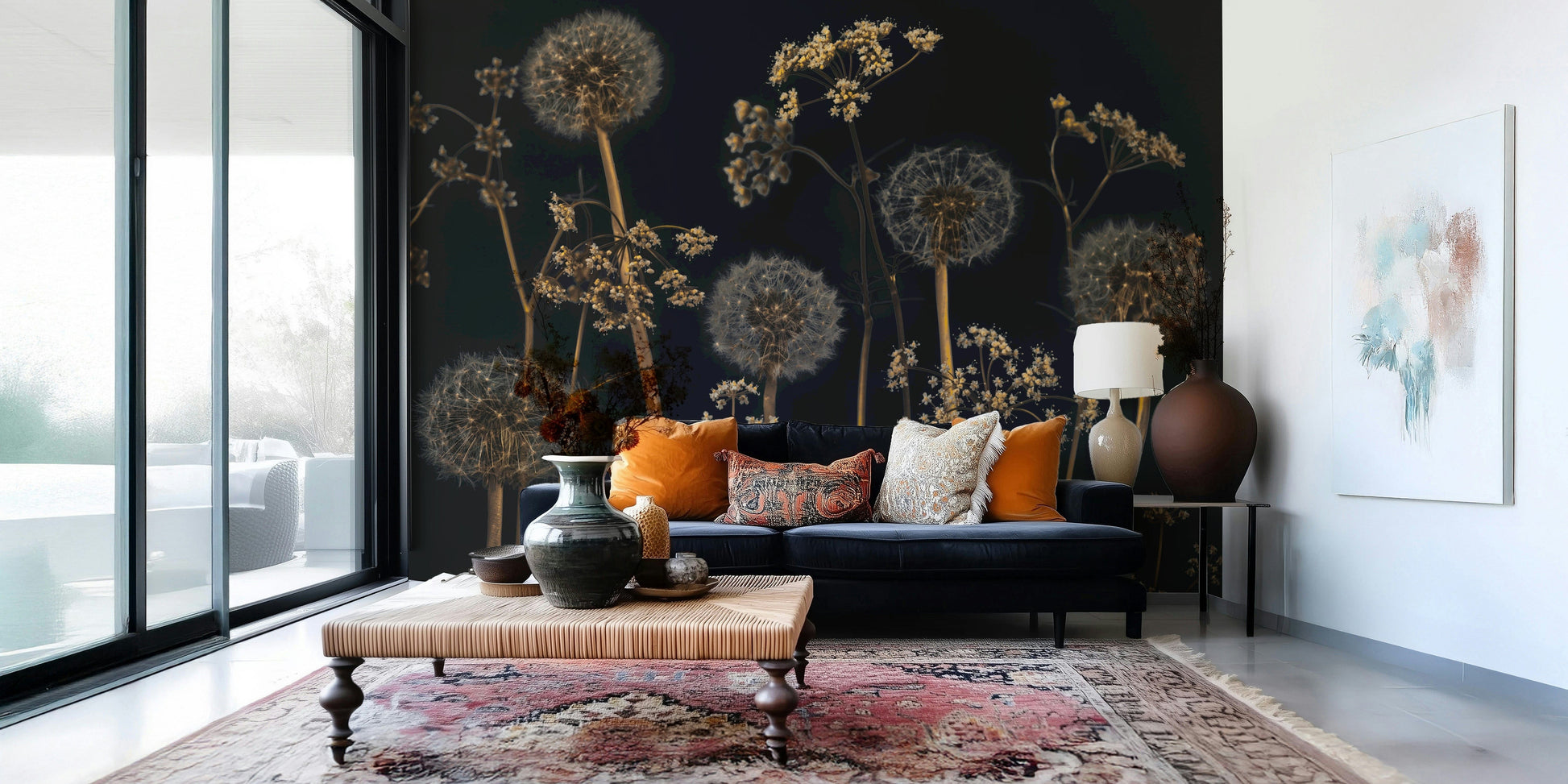 Nature wallpaper featuring softly lit dandelions and dried wildflowers in a dramatic composition.