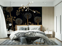 Moody floral wallpaper with detailed wildflower silhouettes standing out against a dark backdrop.