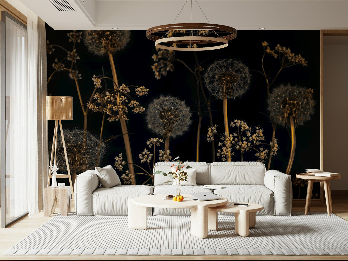 Botanical wallpaper showcasing airy wildflowers and dandelion seed heads in golden earthy tones.