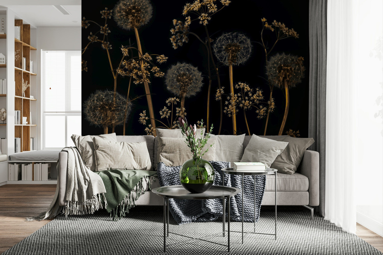 Wildflower Wonderland wallpaper featuring delicate dandelions and dried blooms against a deep black background.