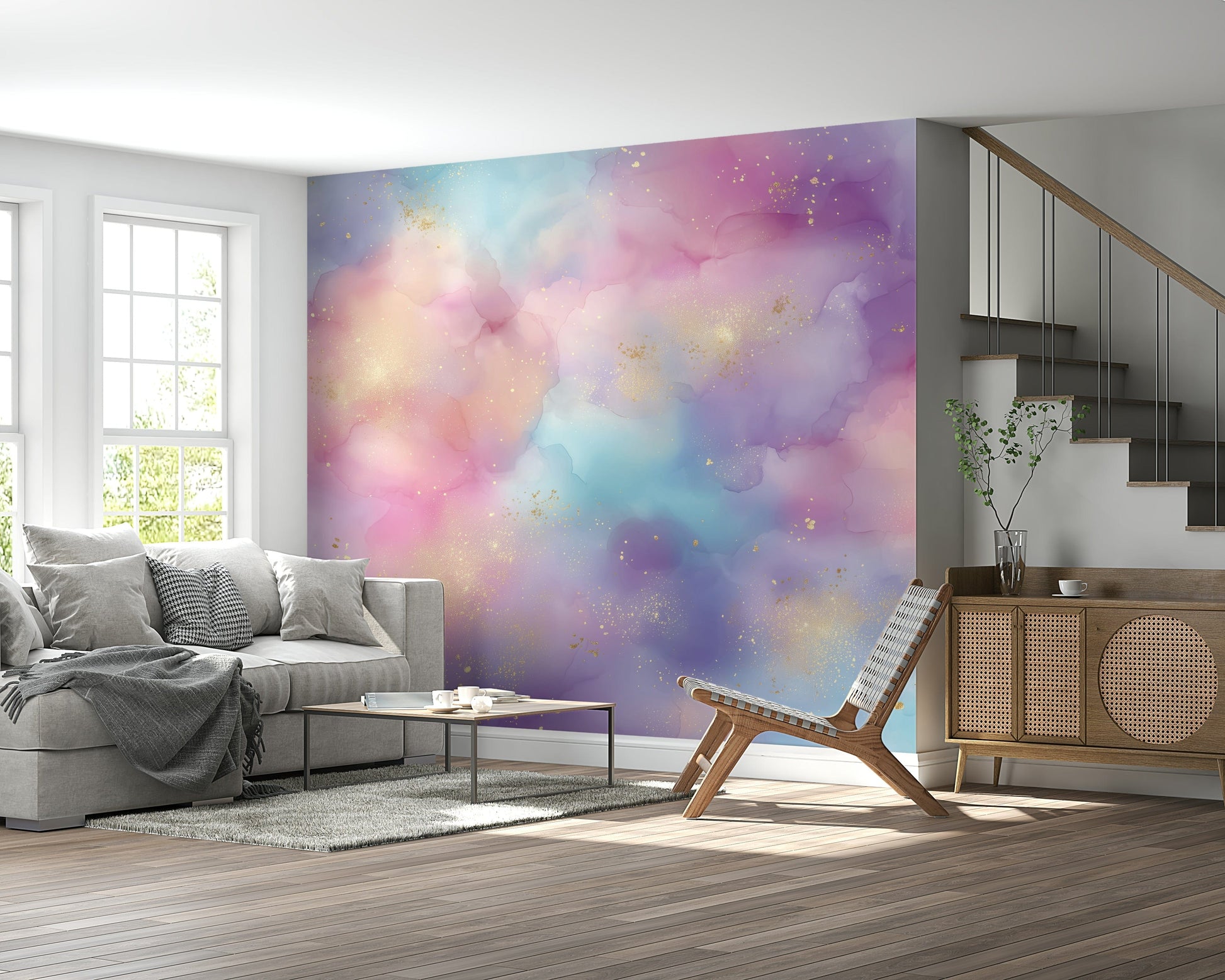 Celestial Golden Dust Fantasy wallpaper mural with gold glitter.