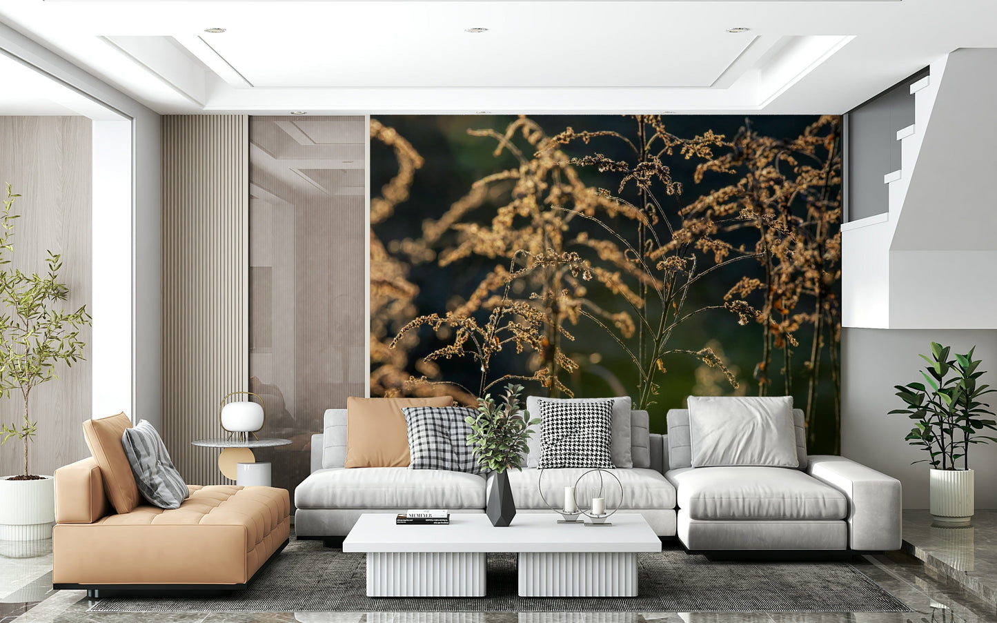 Close-up botanical mural in reading nook, gentle gold light, modern wall decor