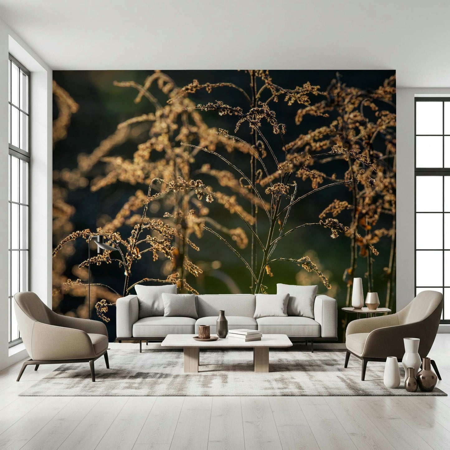 Floral photography wallpaper in dining room, beige gold tones, modern decor style