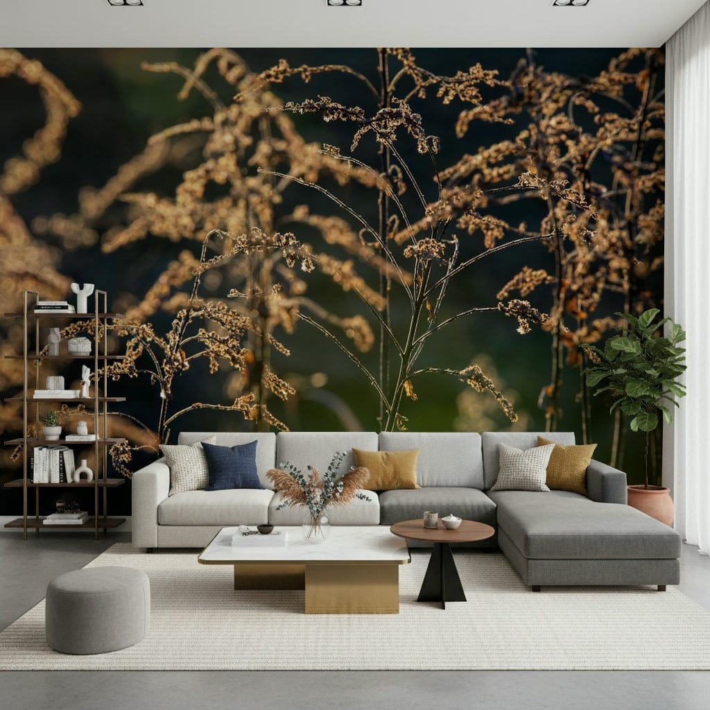 Golden Hour Serenity mural in home office, warm colour accents, clean workspace