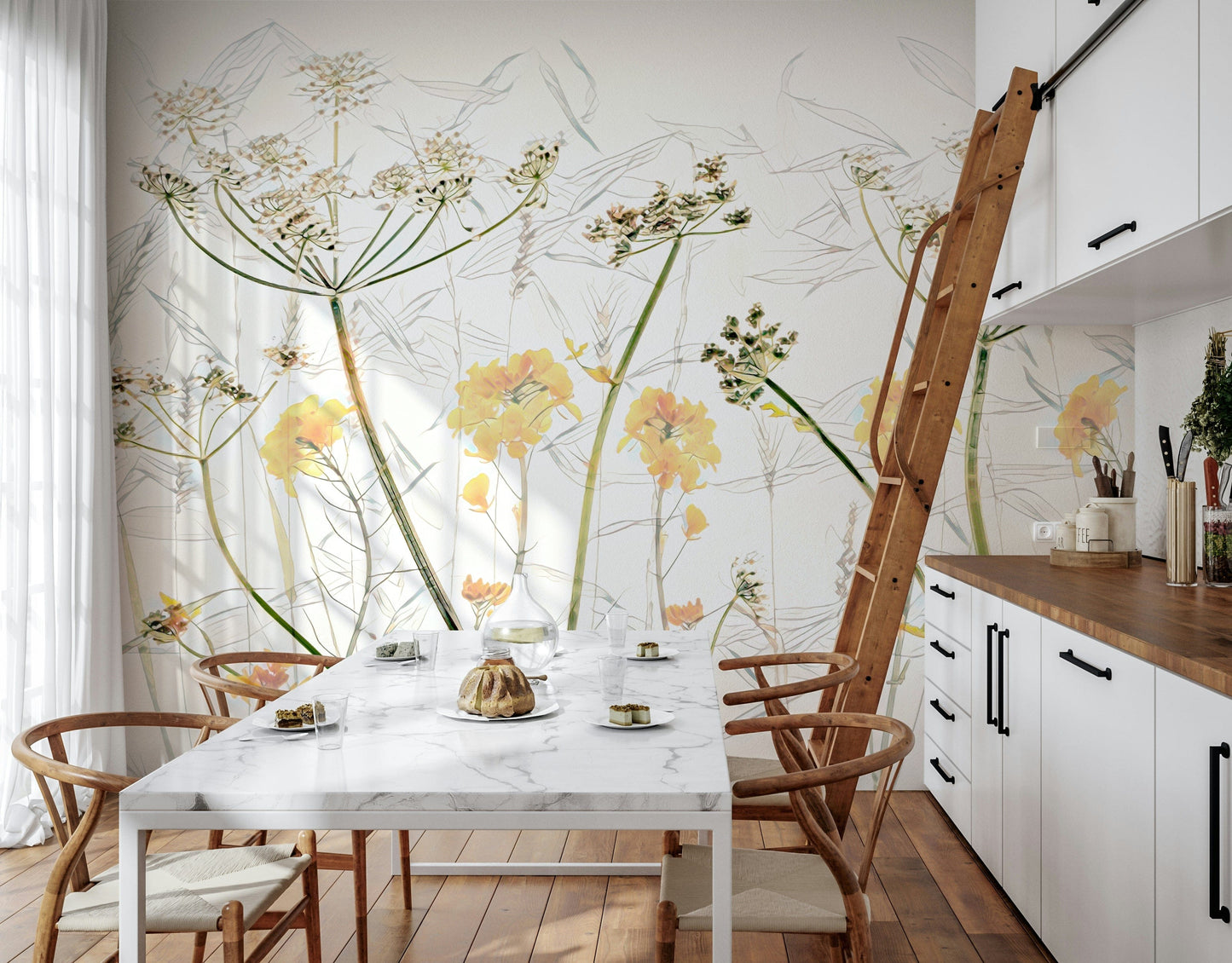 A graceful subtle bloom wall mural in rich, golden tones.

