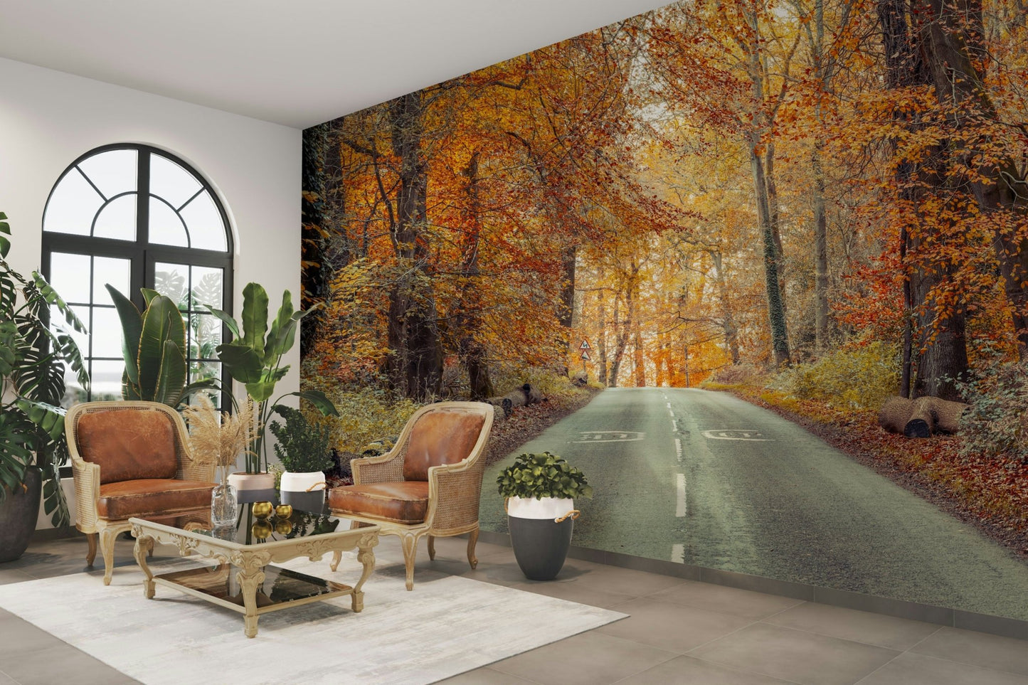 Forest leaves path wall design

