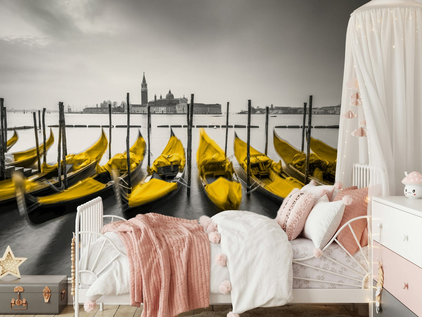 Golden Gondolas product, monochrome setting, intense yellow seats, eye-catching.