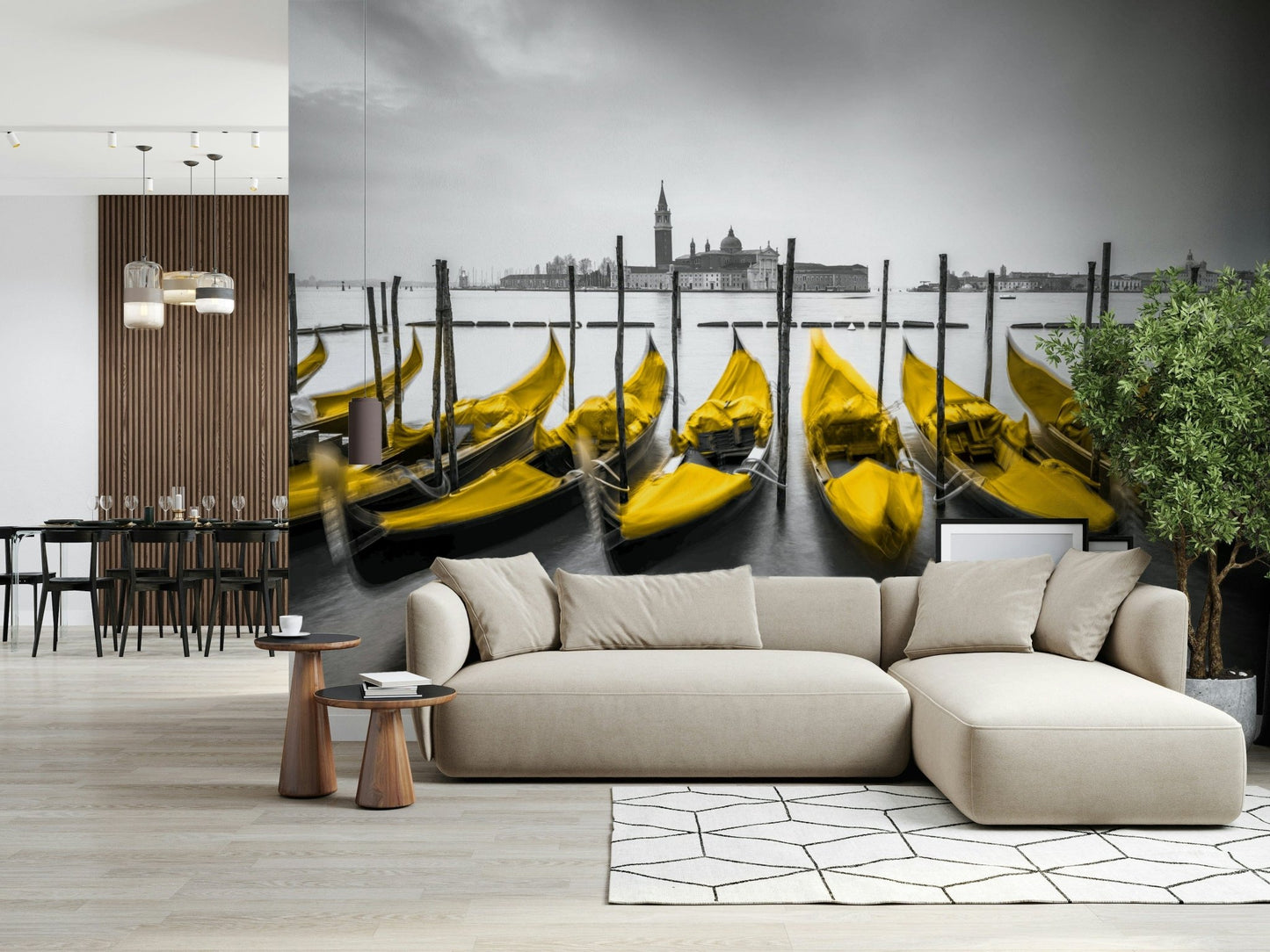 Golden Gondolas design, docked boats, famous Italian church view.