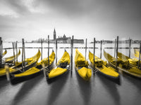 Golden Gondolas scenic photo, wooden posts, misty atmosphere, impressive art.