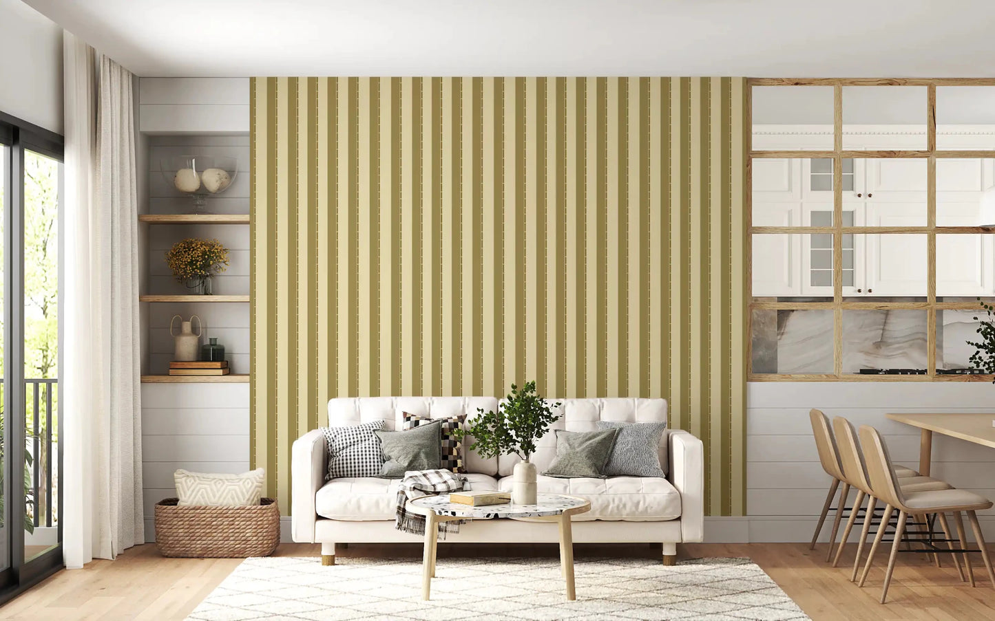 Symmetrical gold stripe wallpaper for hallway.