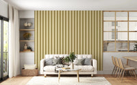 Symmetrical gold stripe wallpaper for hallway.