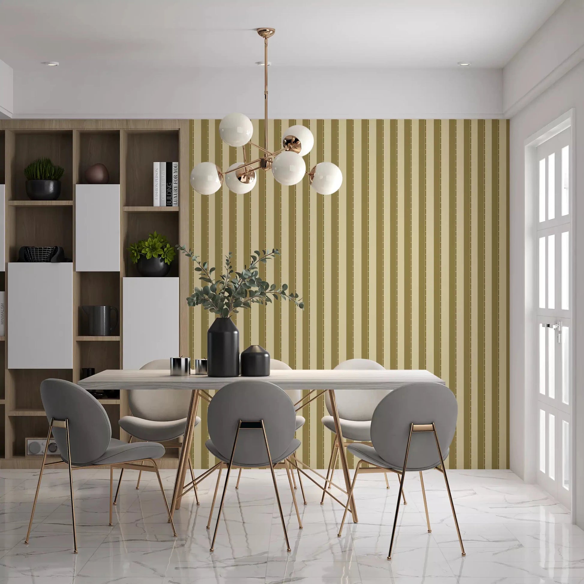 Thin Golden Grid Stripes Wallpaper in a contemporary stylish dining room.