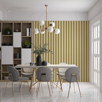 Thin Golden Grid Stripes Wallpaper in a contemporary stylish dining room.