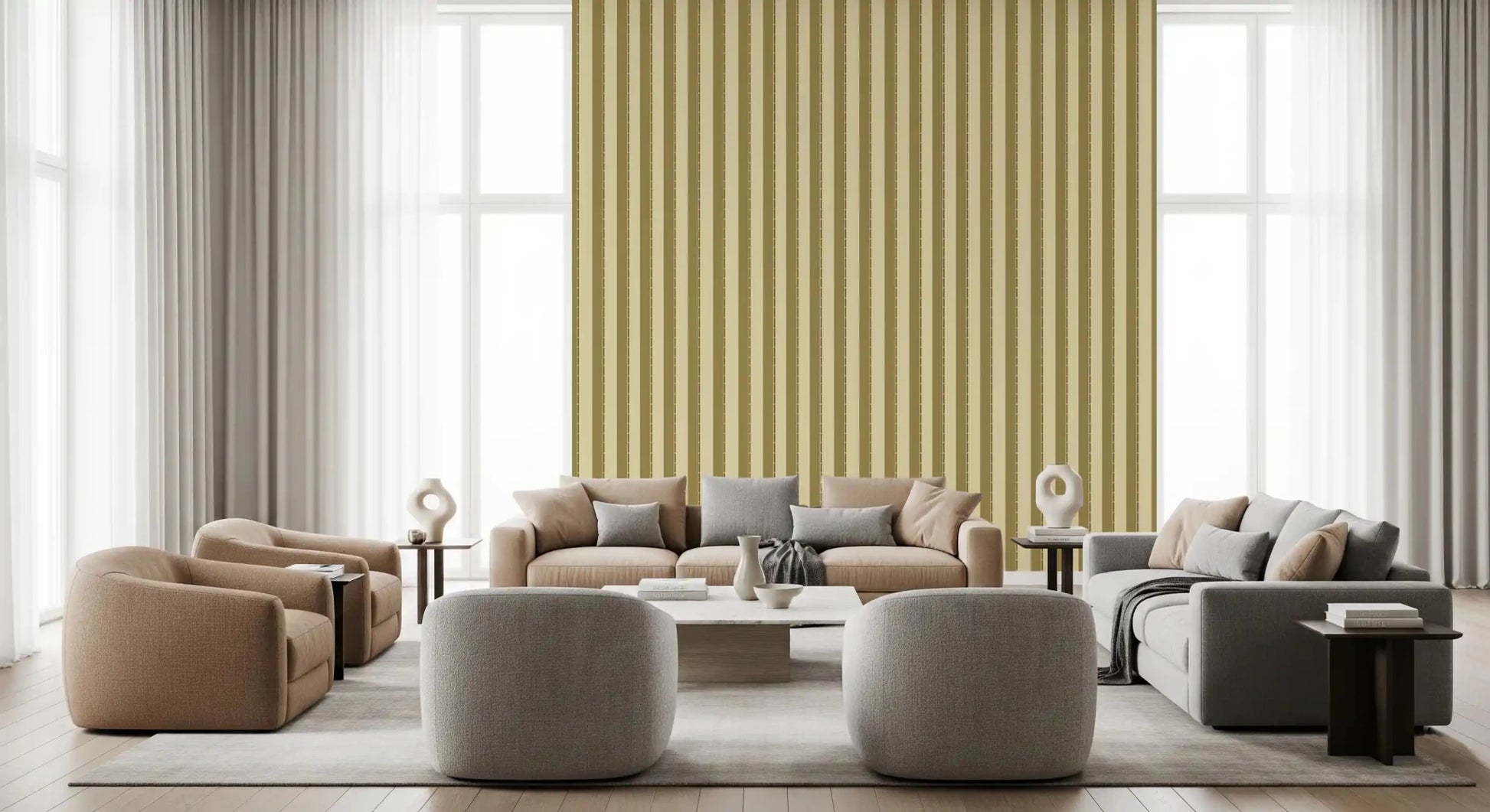 Modern Golden Grid Stripes Wallpaper for a living room clean look
