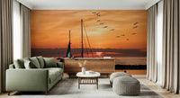 Romantic Golden Horizon wall art sunset glow sailboat seabirds flying pattern.