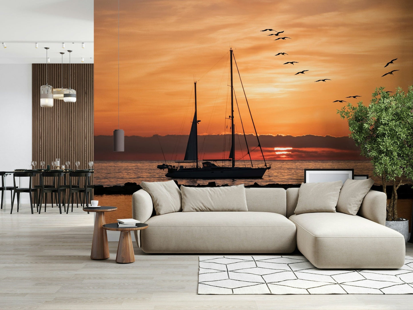 Stunning Golden Horizon vinyl mural setting sun boat water tranquil mood.
