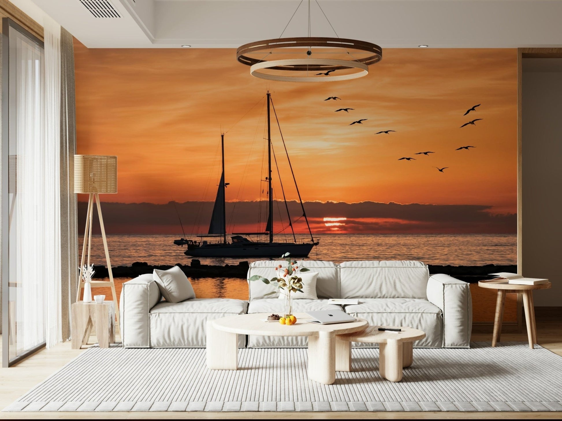 Golden Horizon wall paper gentle waves boat golden light horizon artwork.