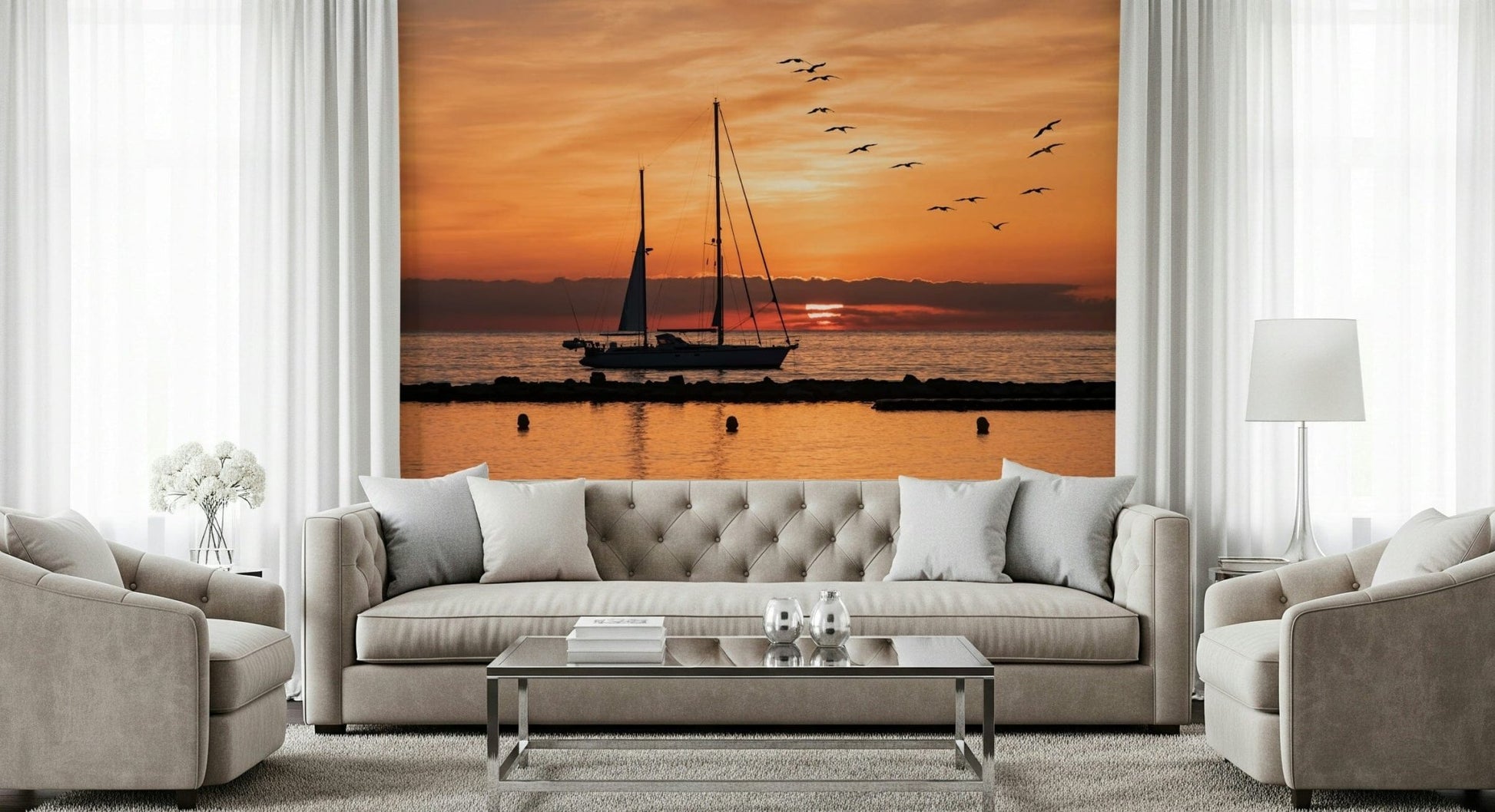 Ocean Golden Horizon wall mural peaceful yacht birds sunset photography.