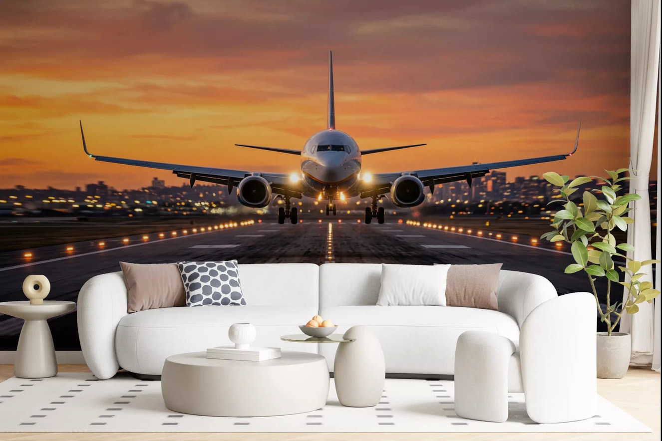 Dramatic Golden Hour Ascent airplane wall mural in living room